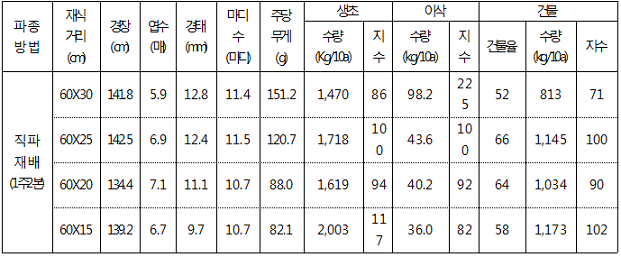 표. 사료용 옥수수 습해 예방을 위한 재식거리별 생육 및 수량(2012년)