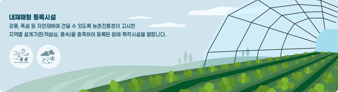 내재해형 등록시설 - 강풍, 폭설 등 자연재해에 견딜 수 있도록 농촌진흥청이 고시한 지역별 설계기준(적설심, 풍속)을 충족하여 등록된 원예·특작시설을 말합니다.